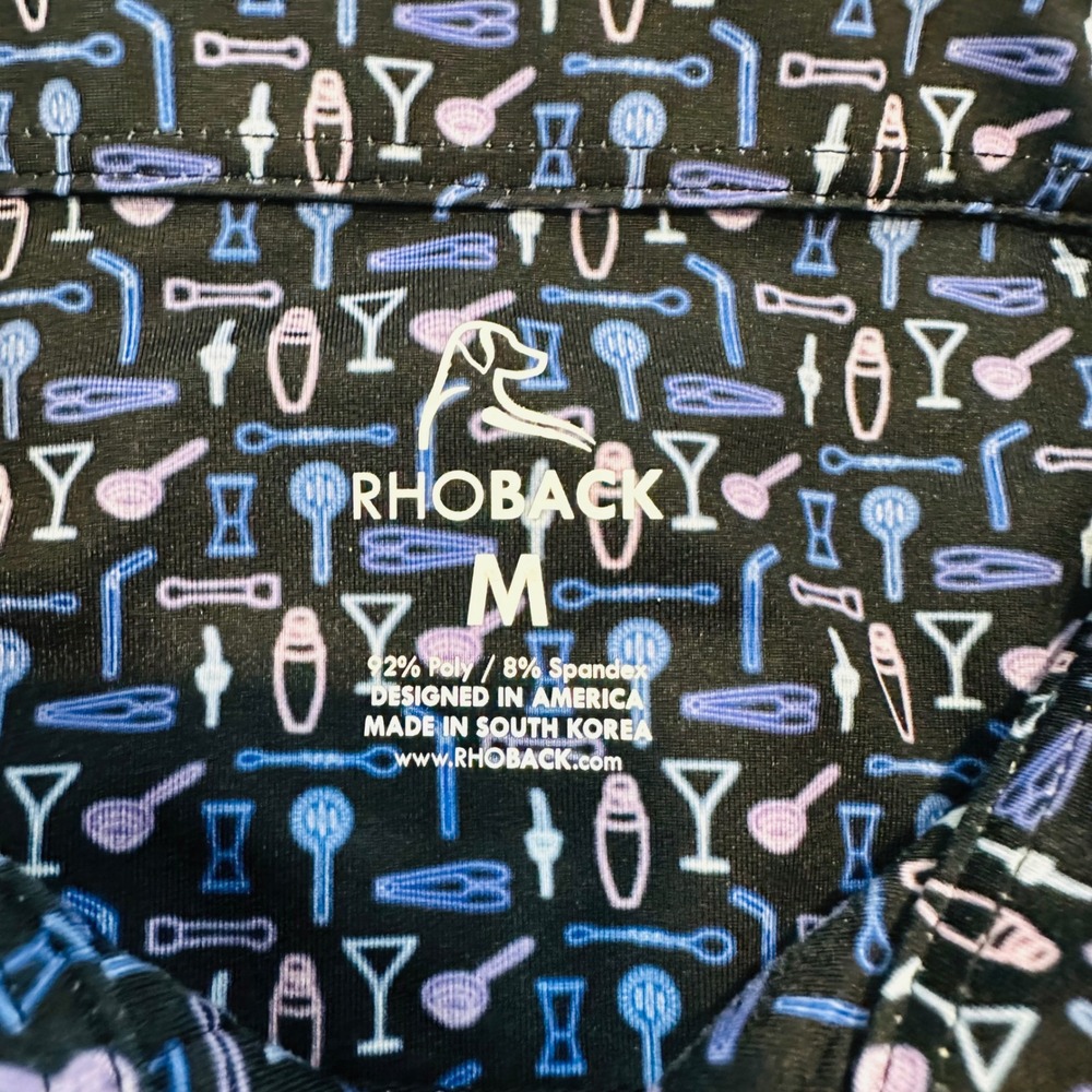 Rhoback Mens Performance Polo Shirt M Black Neon Bar Cocktail Print Golf Top - Picture 3 of 7